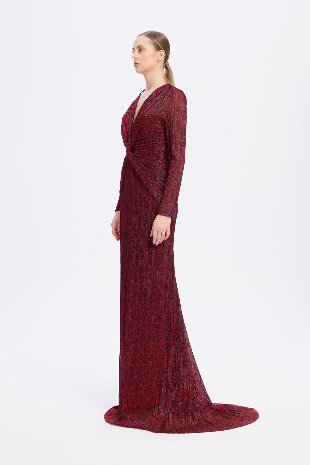 Düğüm Detaylı V Yaka Simli Uzun Abiye Elbise - 9120C