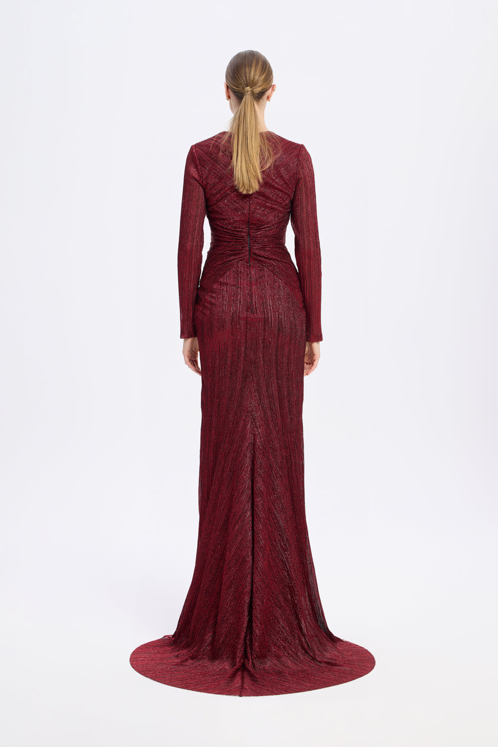 Düğüm Detaylı V Yaka Simli Uzun Abiye Elbise - 9120C