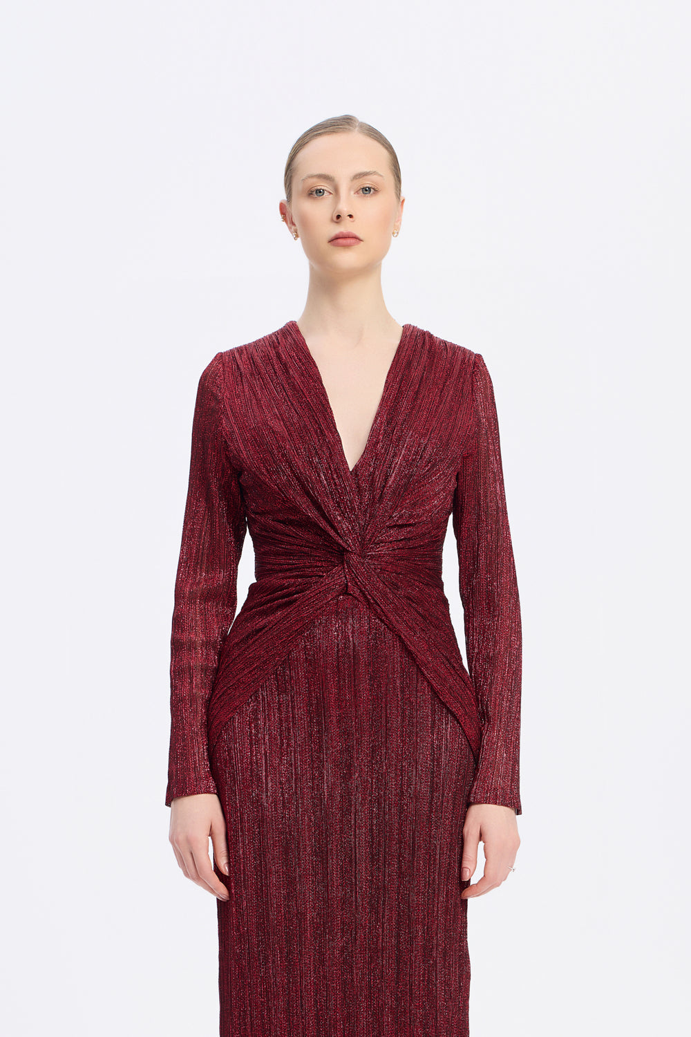 Düğüm Detaylı V Yaka Simli Uzun Abiye Elbise - 9120C