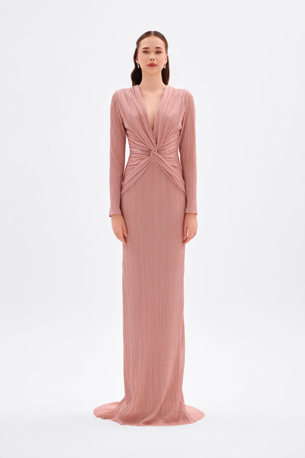 Düğüm Detaylı V Yaka Simli Uzun Abiye Elbise - 9120C