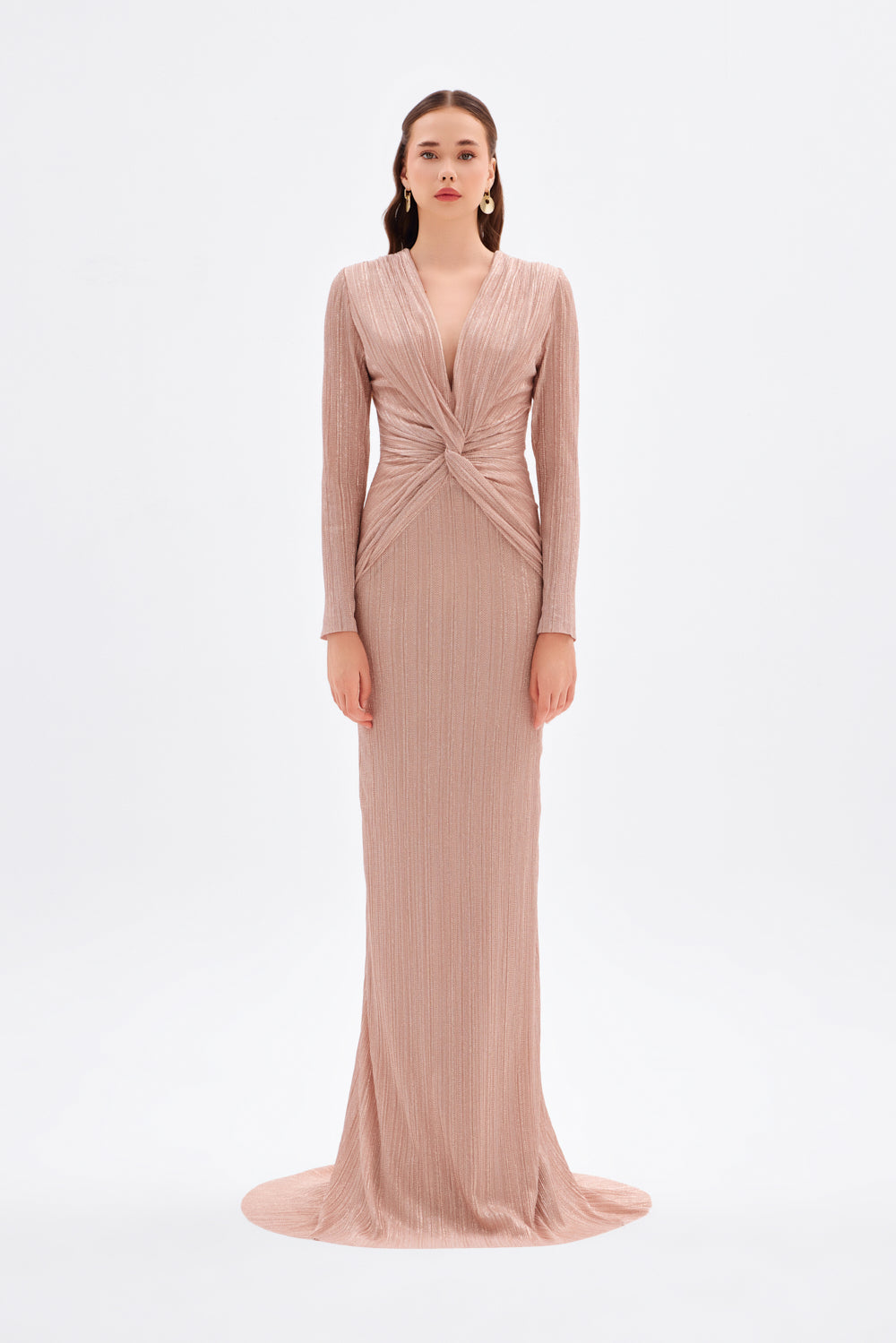 Düğüm Detaylı V Yaka Simli Uzun Abiye Elbise - 9120C