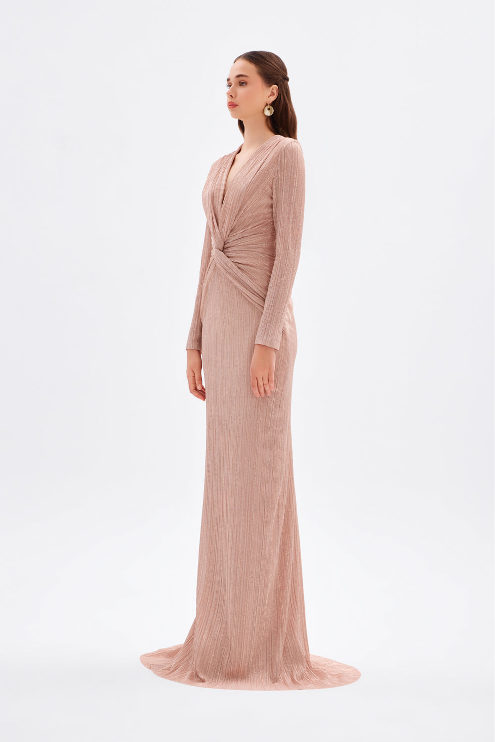 Düğüm Detaylı V Yaka Simli Uzun Abiye Elbise - 9120C