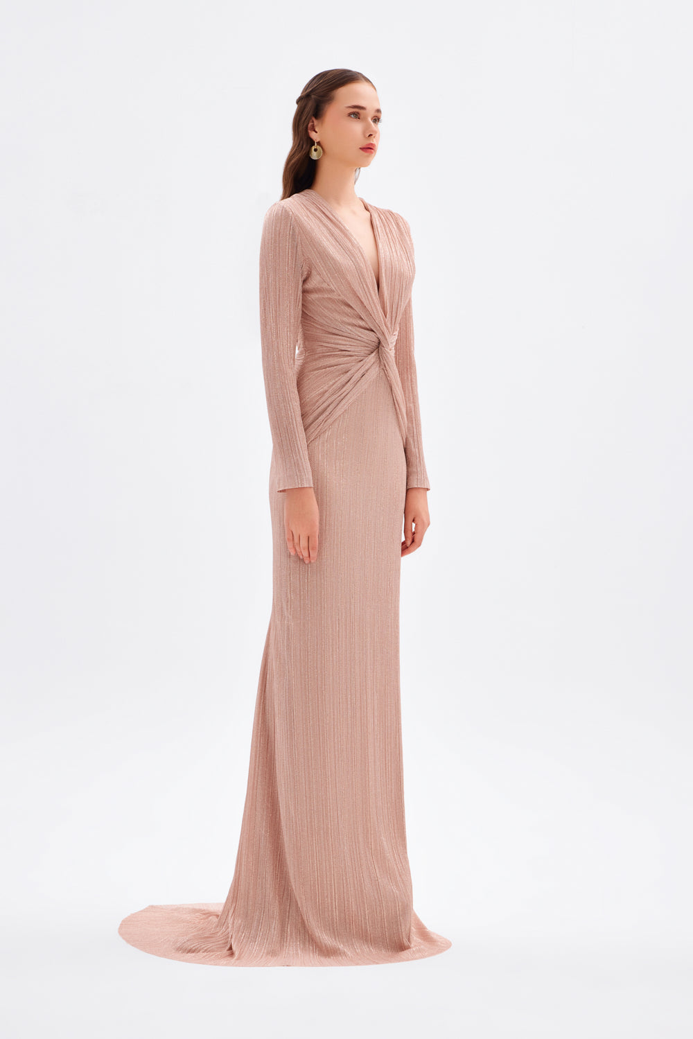 Düğüm Detaylı V Yaka Simli Uzun Abiye Elbise - 9120C