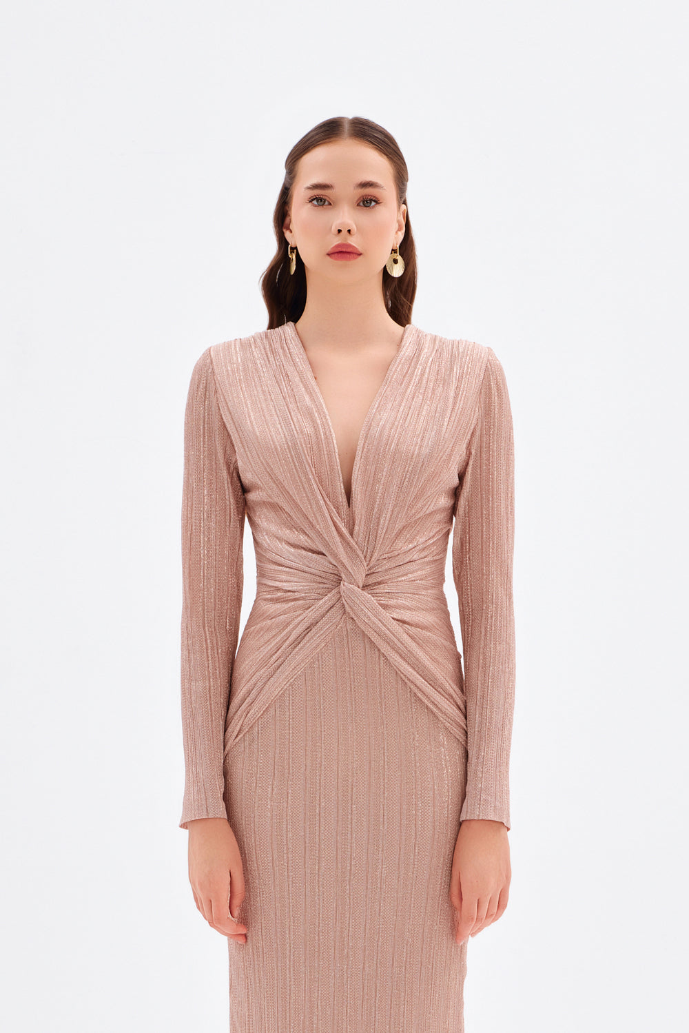 Düğüm Detaylı V Yaka Simli Uzun Abiye Elbise - 9120C