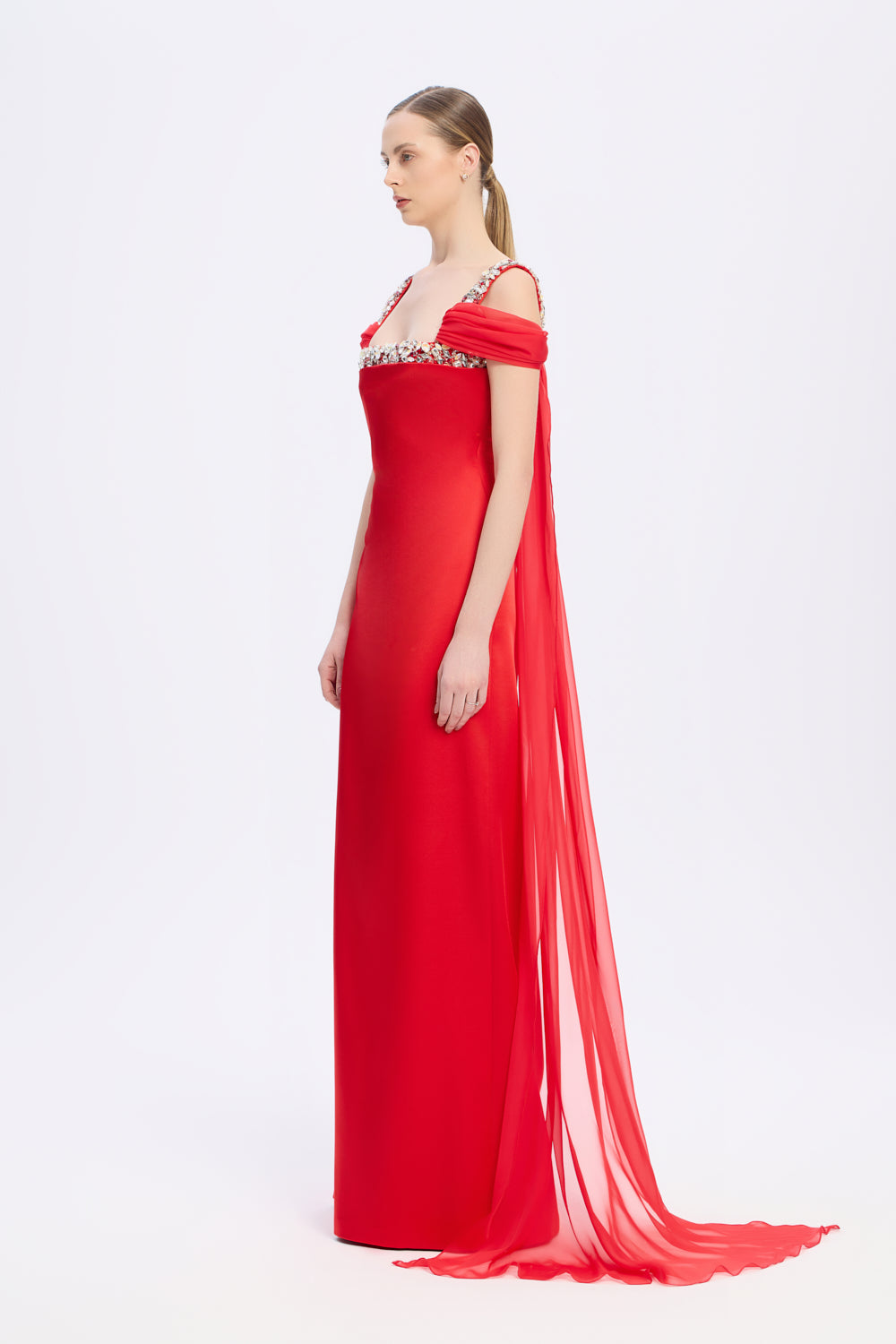 Şifon Pelerinli Taş İşlemeli Askılı Uzun Abiye Elbise - 9053C