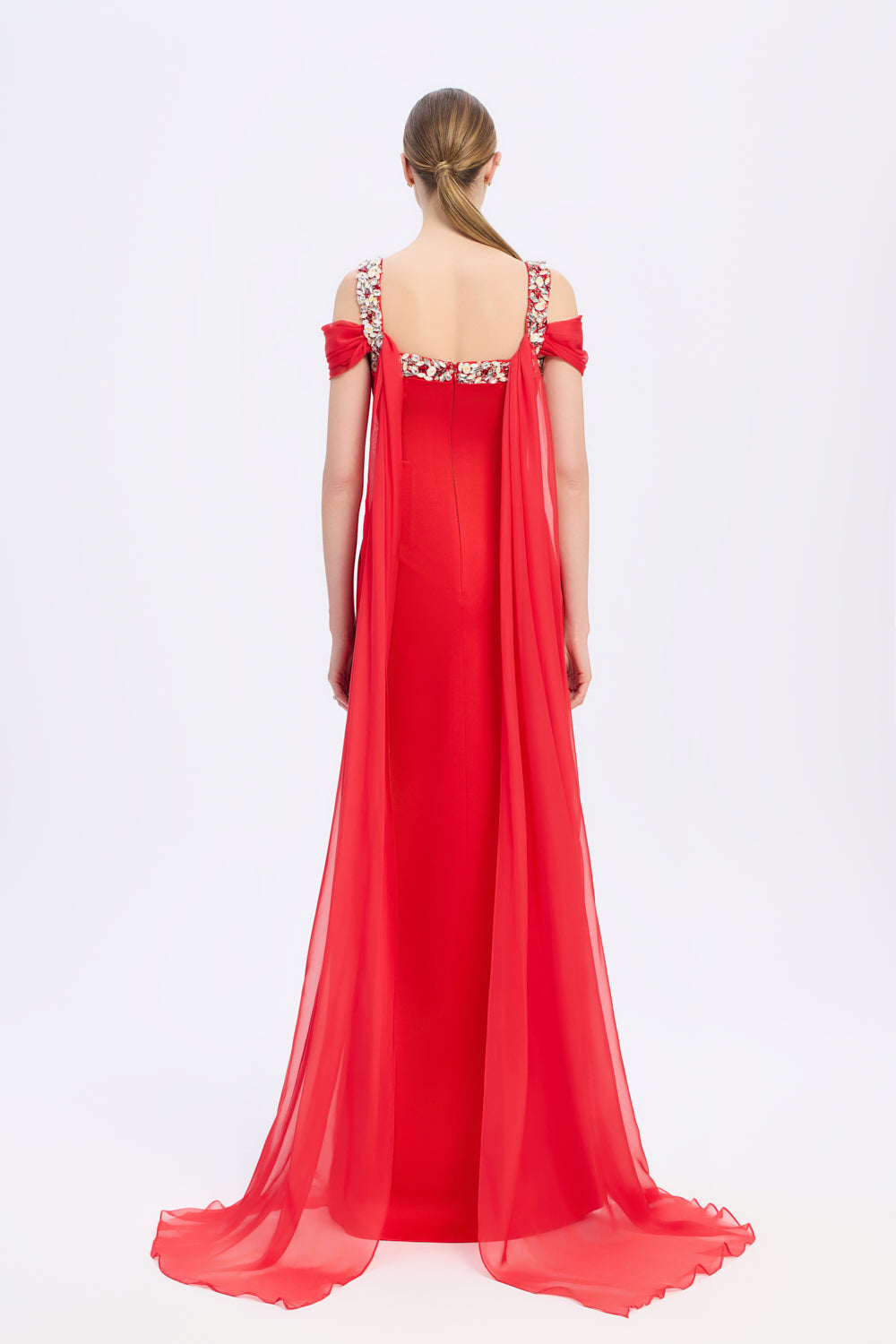 Şifon Pelerinli Taş İşlemeli Askılı Uzun Abiye Elbise - 9053C