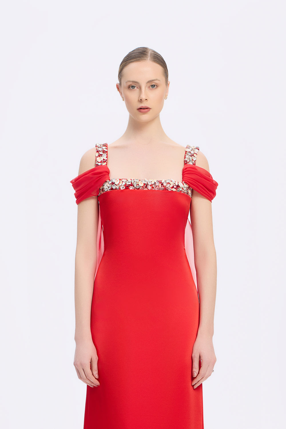 Şifon Pelerinli Taş İşlemeli Askılı Uzun Abiye Elbise - 9053C