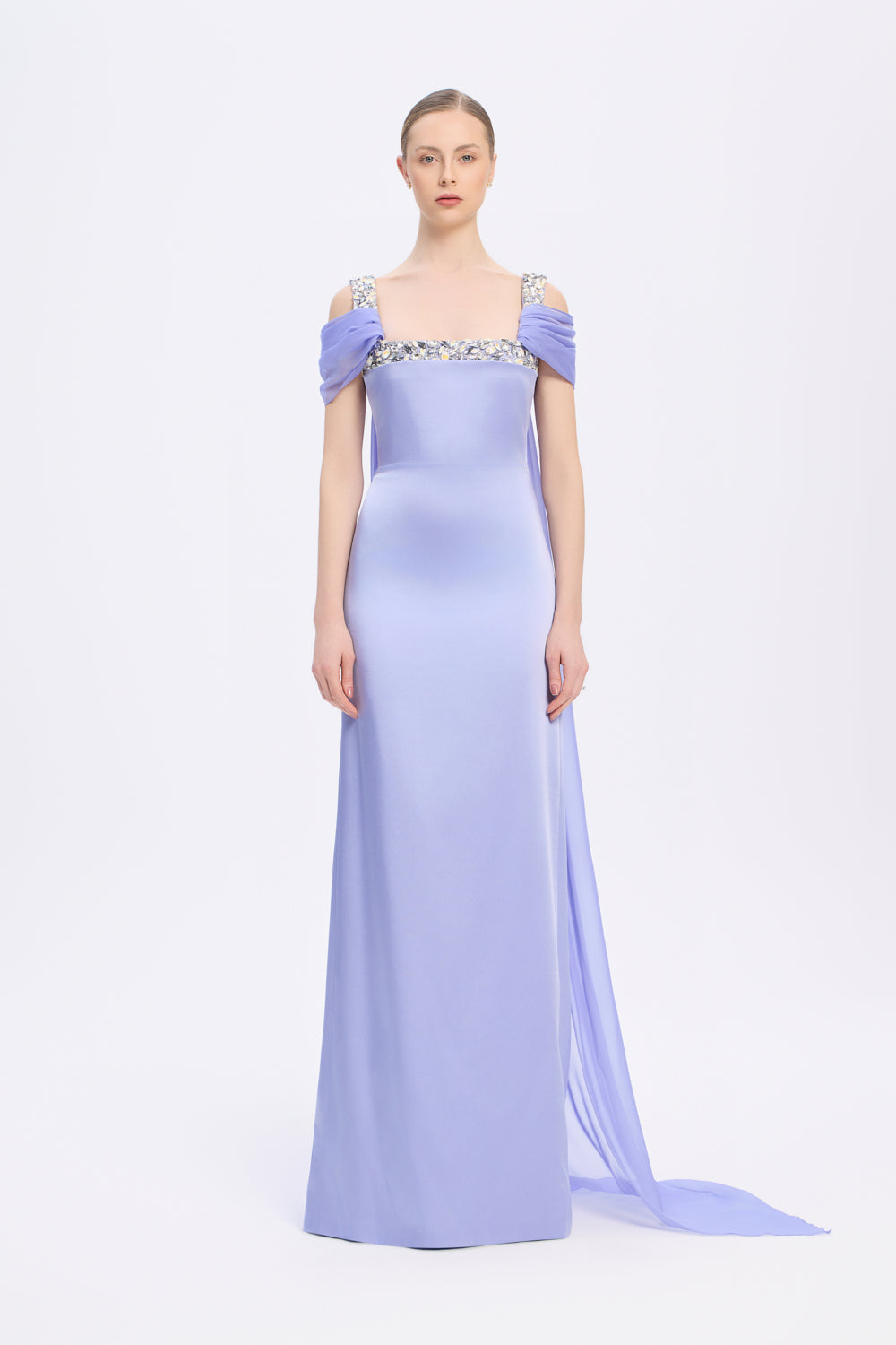 Şifon Pelerinli Taş İşlemeli Askılı Uzun Abiye Elbise - 9053C