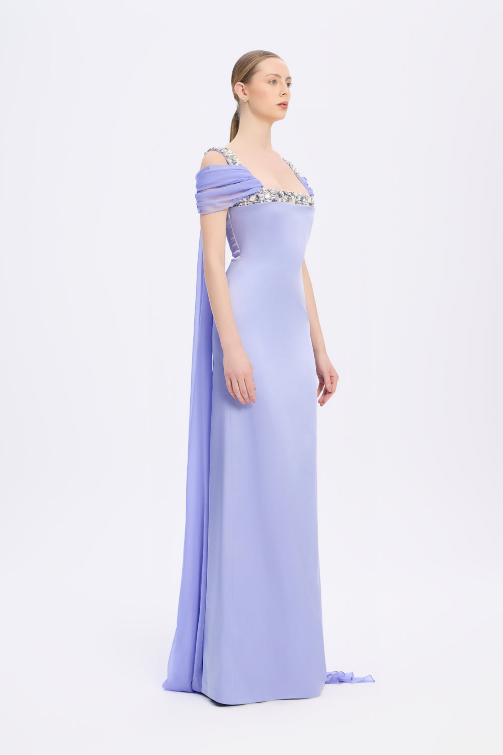 Şifon Pelerinli Taş İşlemeli Askılı Uzun Abiye Elbise - 9053C