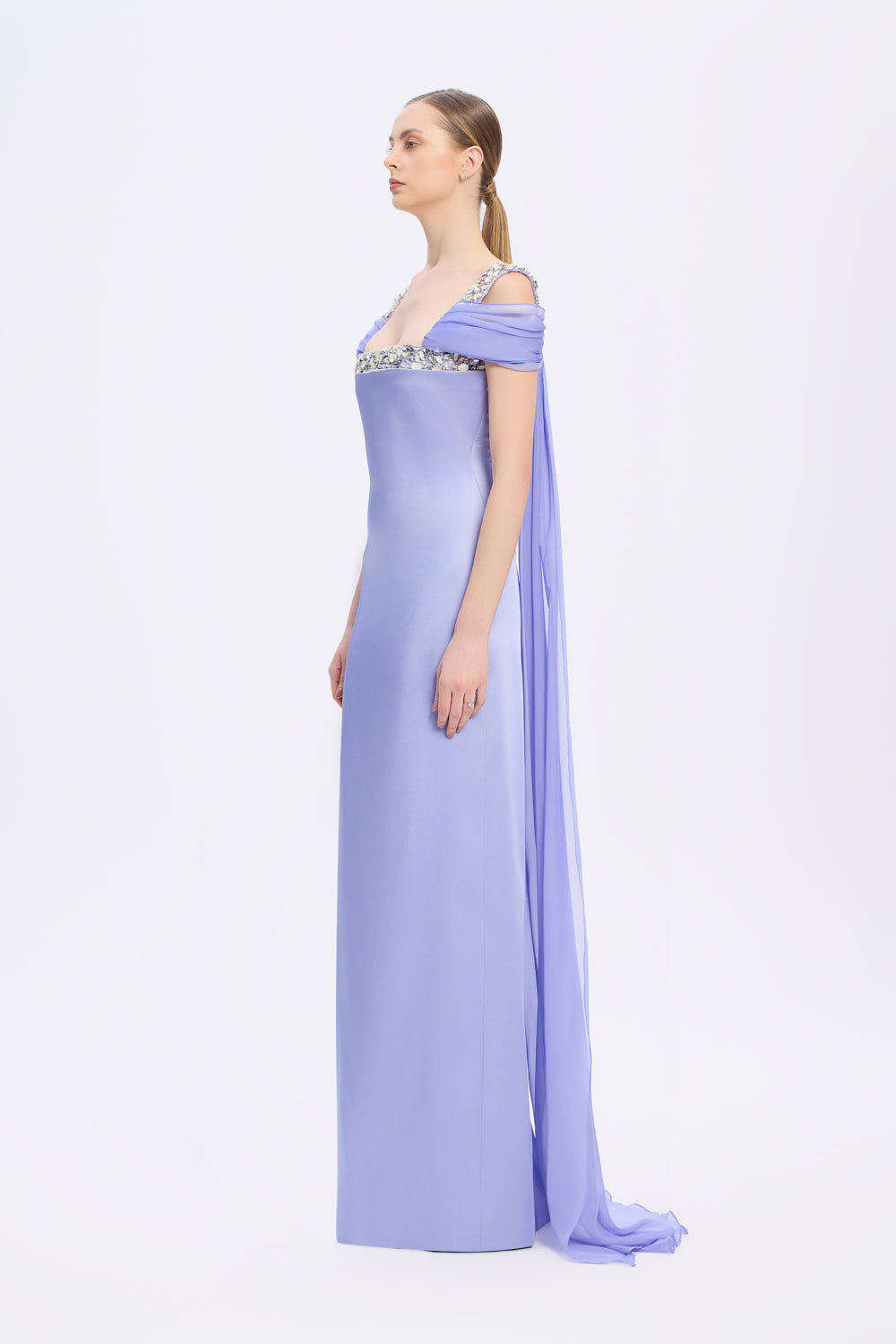 Şifon Pelerinli Taş İşlemeli Askılı Uzun Abiye Elbise - 9053C