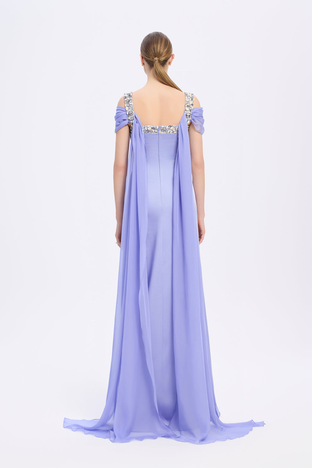 Şifon Pelerinli Taş İşlemeli Askılı Uzun Abiye Elbise - 9053C