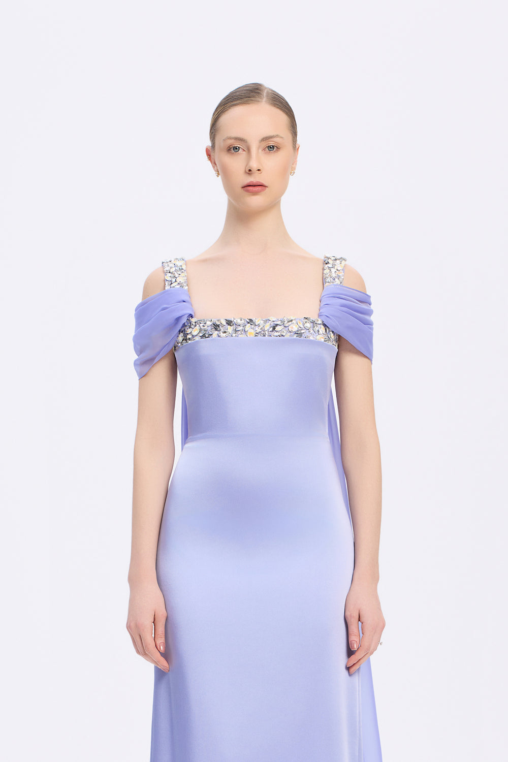 Şifon Pelerinli Taş İşlemeli Askılı Uzun Abiye Elbise - 9053C