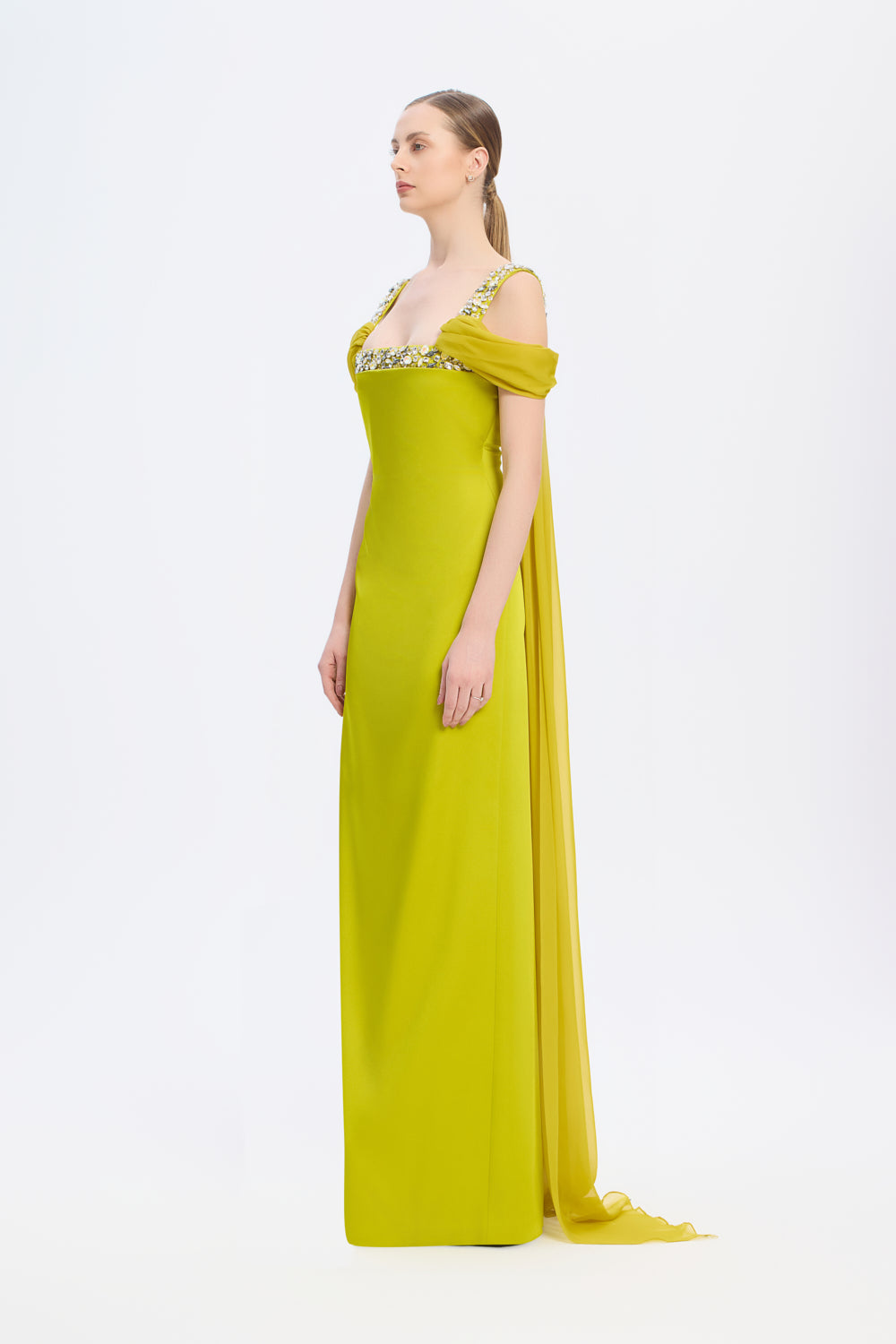 Şifon Pelerinli Taş İşlemeli Askılı Uzun Abiye Elbise - 9053C