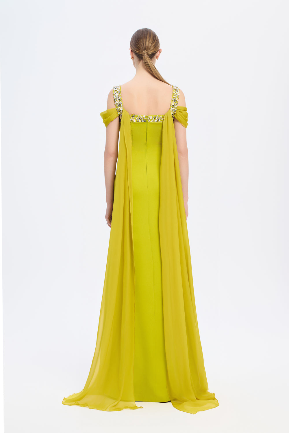 Şifon Pelerinli Taş İşlemeli Askılı Uzun Abiye Elbise - 9053C