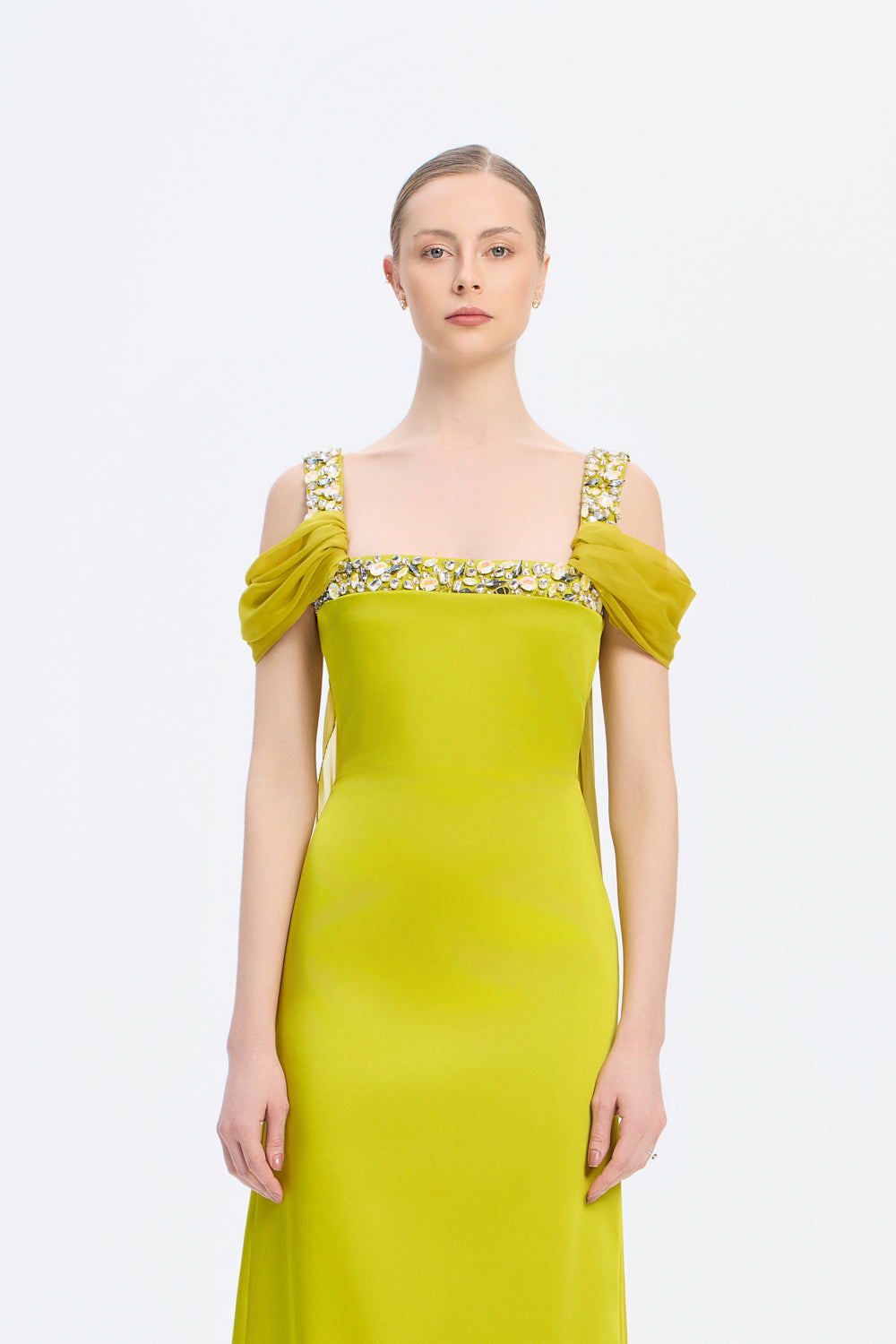 Şifon Pelerinli Taş İşlemeli Askılı Uzun Abiye Elbise - 9053C