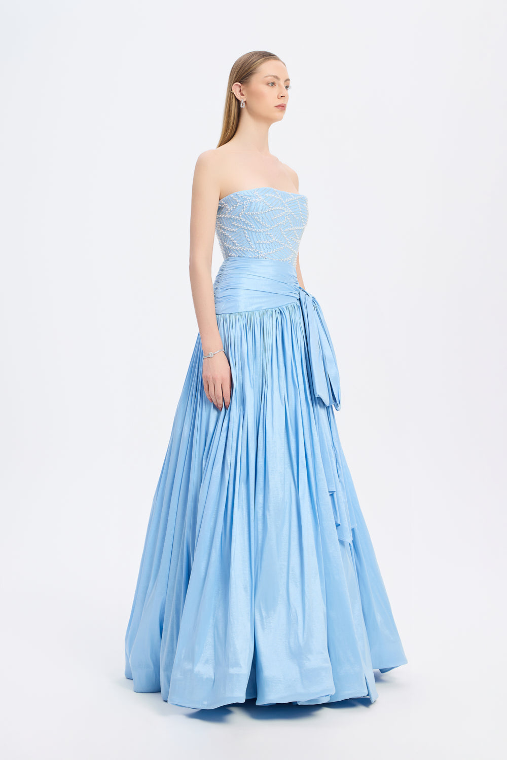 Straplez Yaka Taş Detaylı Tafta Uzun Abiye Elbise - 9164C