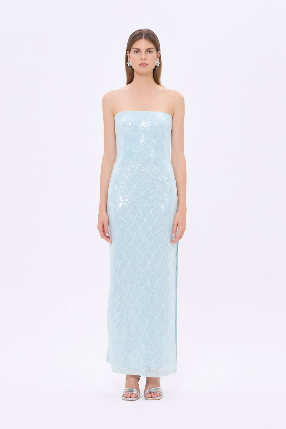 Baklava Desen Payetli Straplez Uzun Abiye Elbise - 9163C