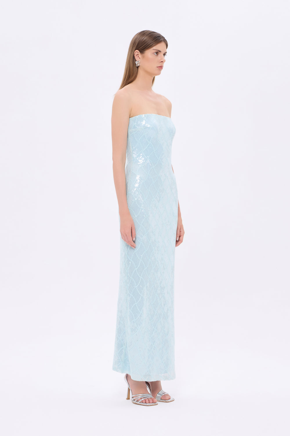 Baklava Desen Payetli Straplez Uzun Abiye Elbise - 9163C