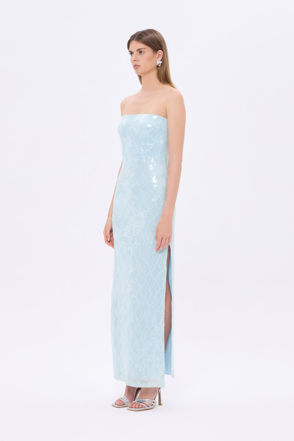 Baklava Desen Payetli Straplez Uzun Abiye Elbise - 9163C