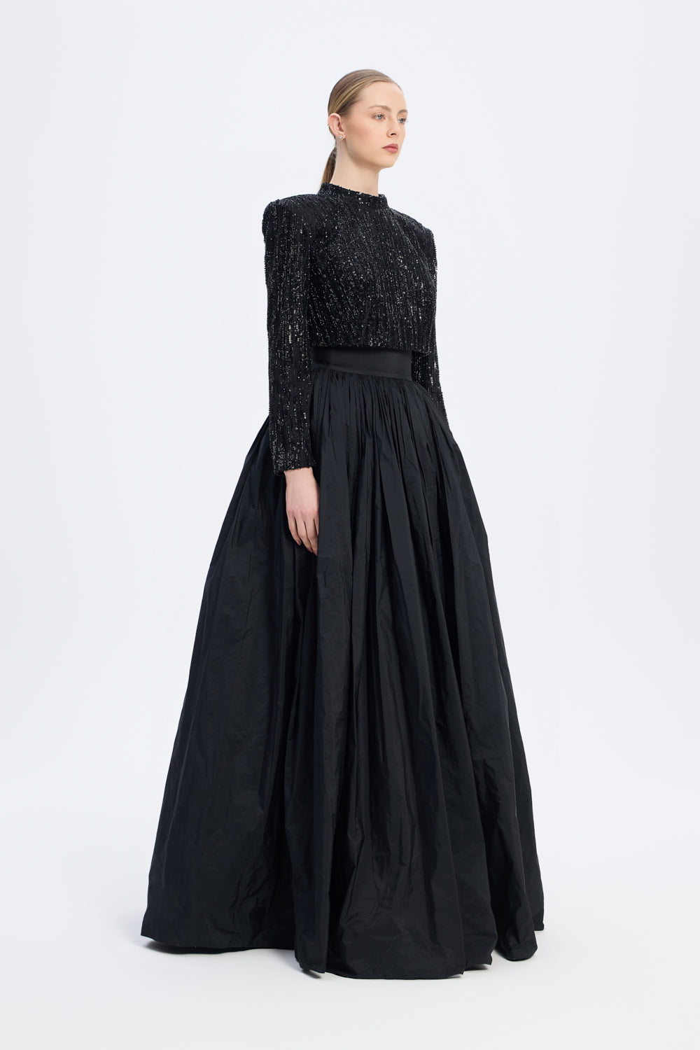 Uzun Kollu Taşlı Ceket - Tafta Etek Takım - 9064C