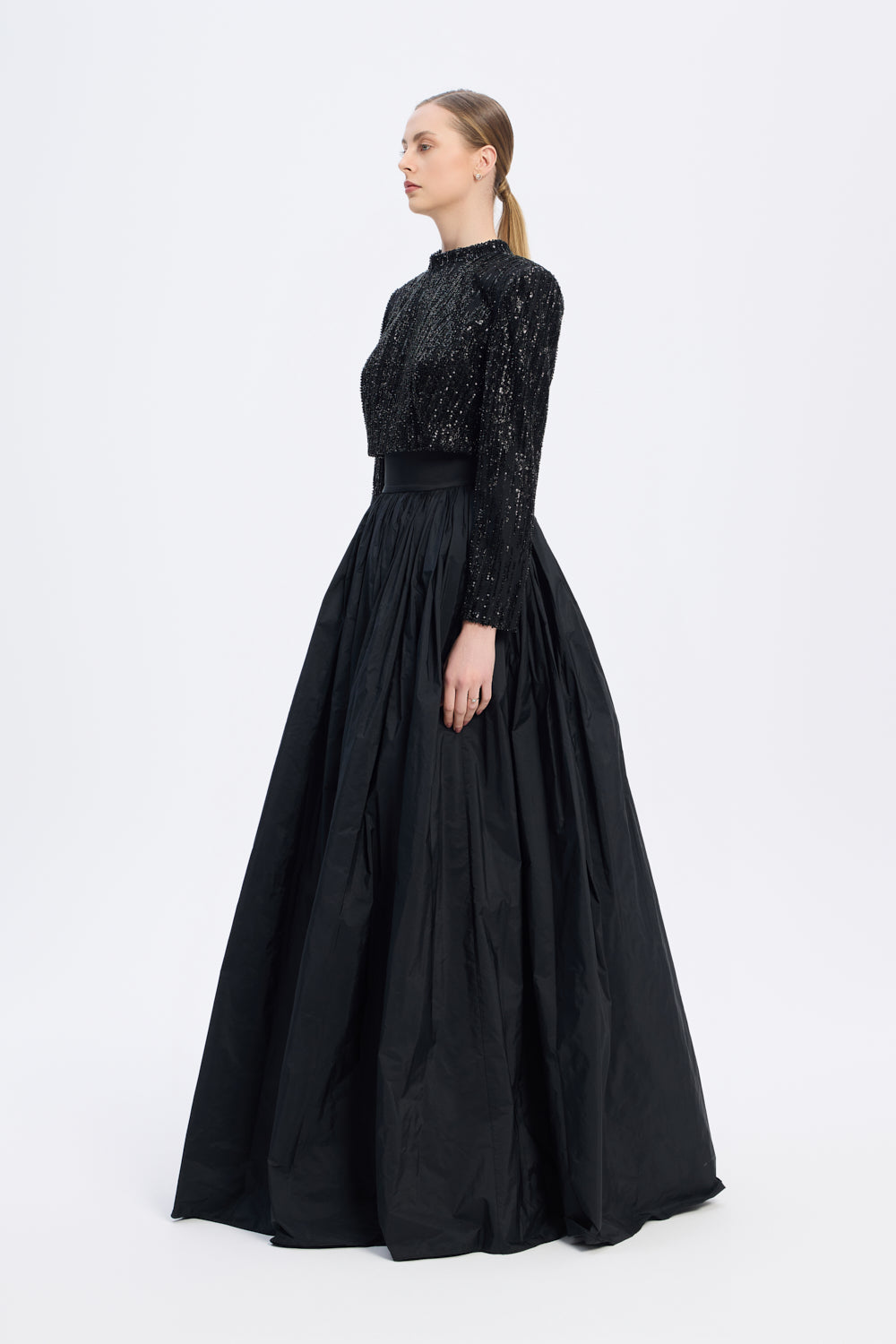 Uzun Kollu Taşlı Ceket - Tafta Etek Takım - 9064C