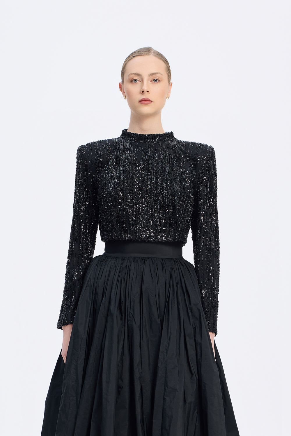 Uzun Kollu Taşlı Ceket - Tafta Etek Takım - 9064C