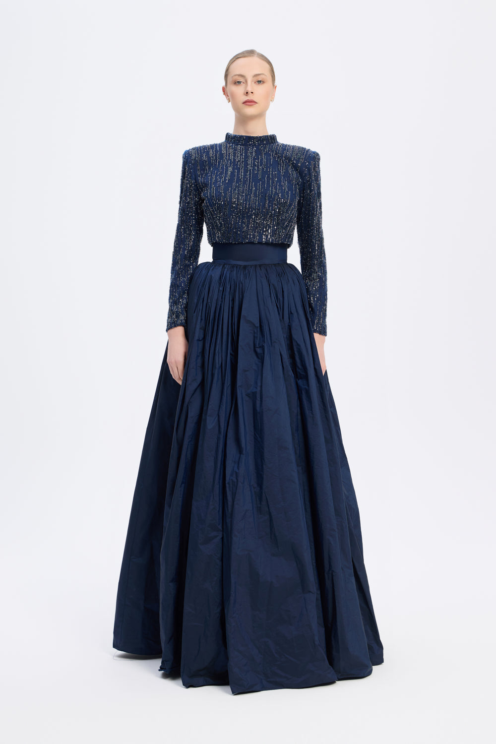 Uzun Kollu Taşlı Ceket - Tafta Etek Takım - 9064C