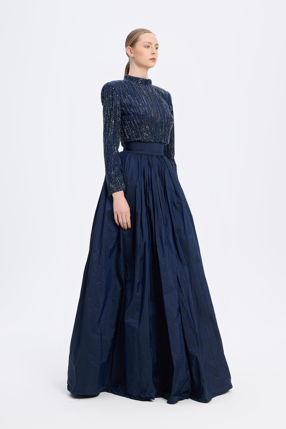 Uzun Kollu Taşlı Ceket - Tafta Etek Takım - 9064C