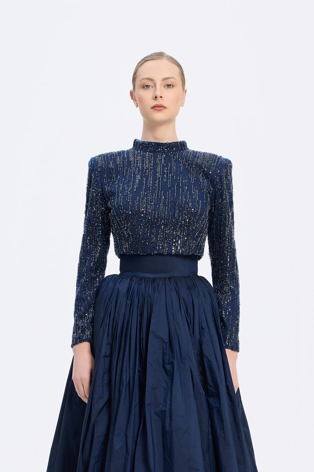 Uzun Kollu Taşlı Ceket - Tafta Etek Takım - 9064C