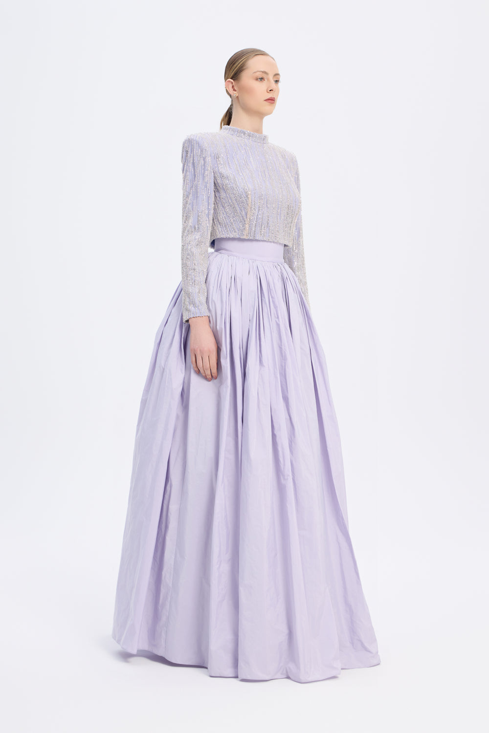 Uzun Kollu Taşlı Ceket - Tafta Etek Takım - 9064C