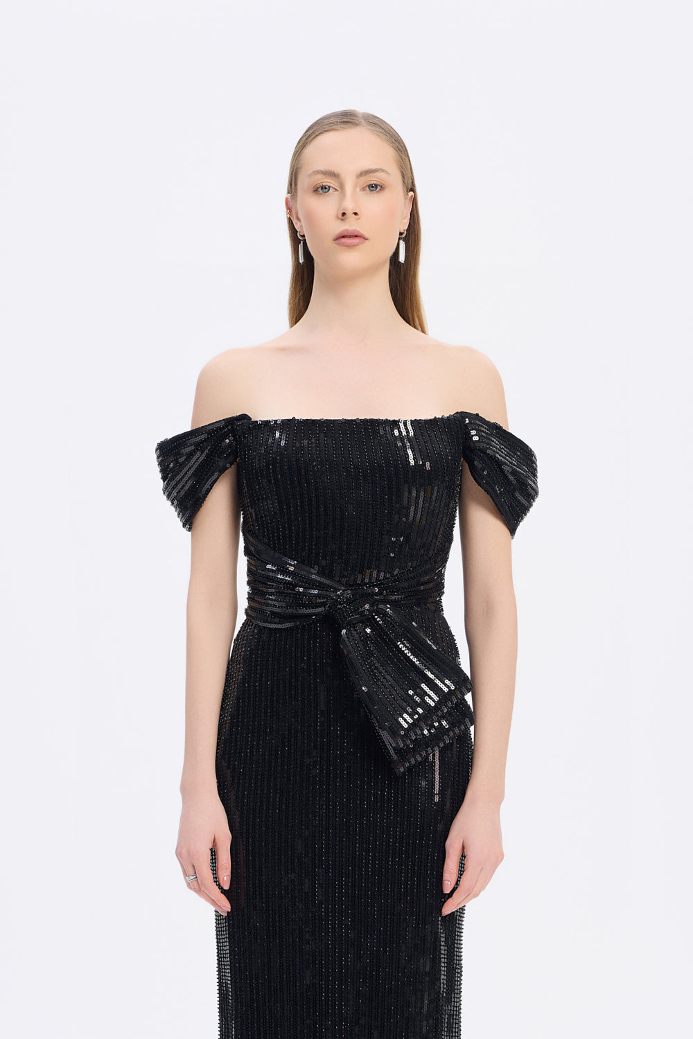 Fiyonk Detaylı Payetli Uzun Abiye Elbise - 9055C