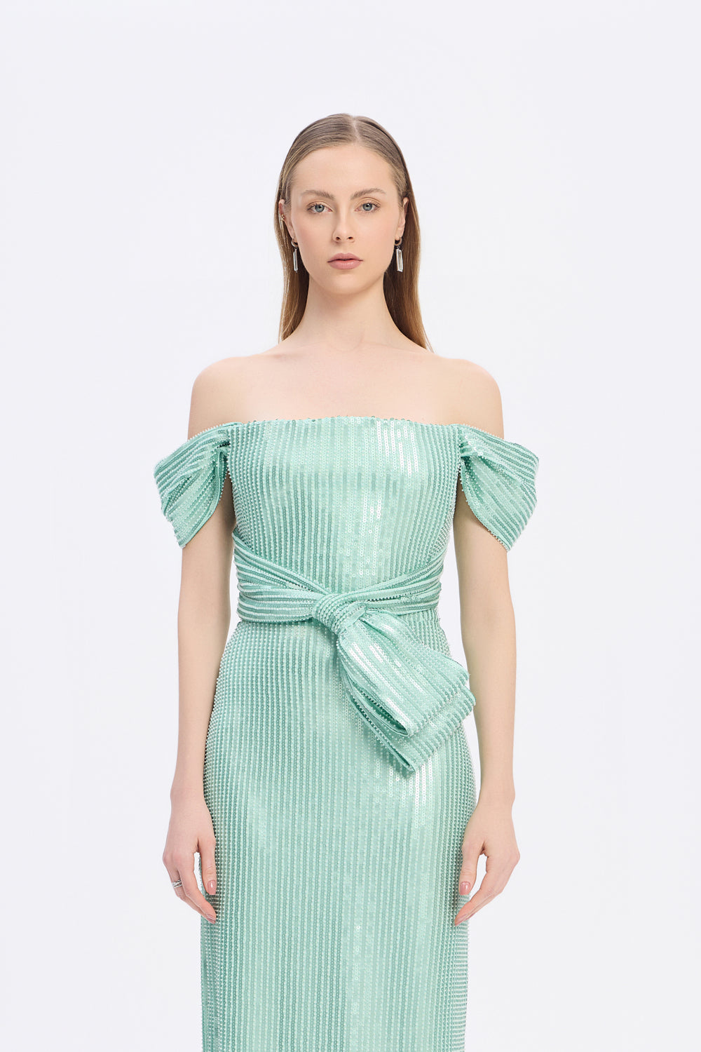 Fiyonk Detaylı Payetli Uzun Abiye Elbise - 9055C