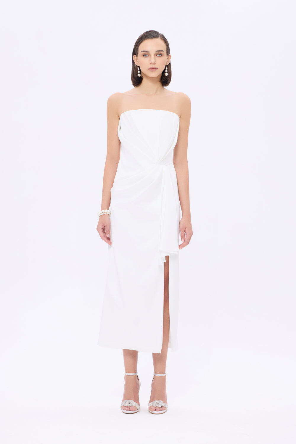 Straplez Yaka Düz Kesim Midi Abiye Elbise - 9011C