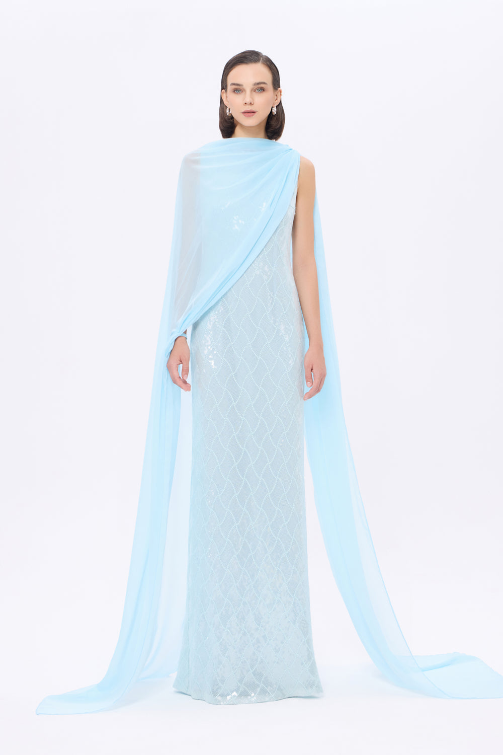 Kayık Yaka Pelerinli Payet Uzun Abiye Elbise - 9038C