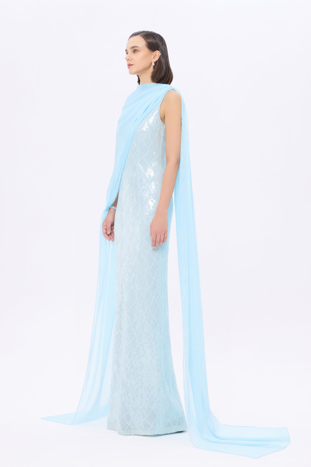 Kayık Yaka Pelerinli Payet Uzun Abiye Elbise - 9038C