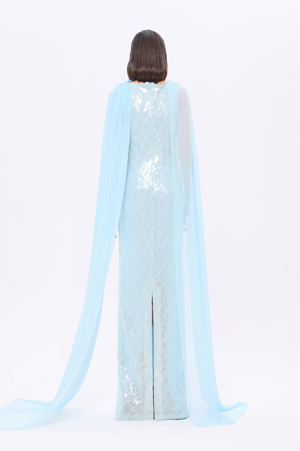 Kayık Yaka Pelerinli Payet Uzun Abiye Elbise - 9038C