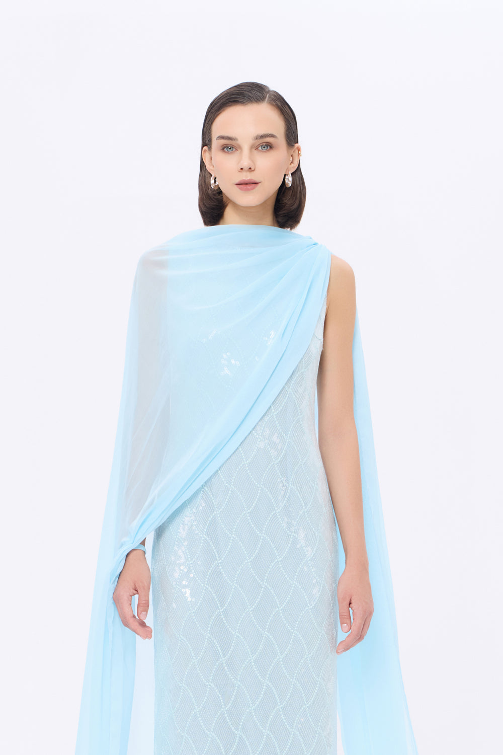 Kayık Yaka Pelerinli Payet Uzun Abiye Elbise - 9038C