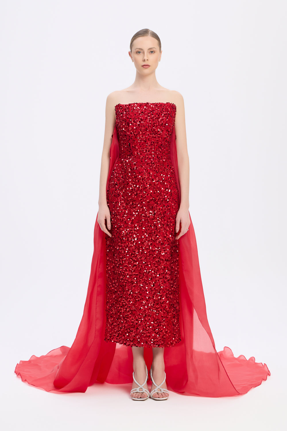 Payet İşlemeli Straplez Midi Abiye Elbise - 9191C