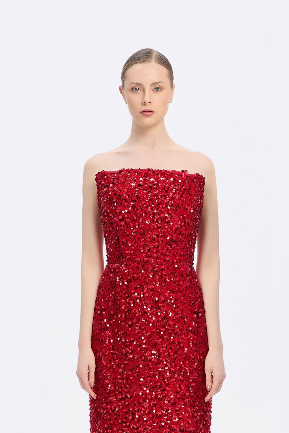 Payet İşlemeli Straplez Midi Abiye Elbise - 9191C