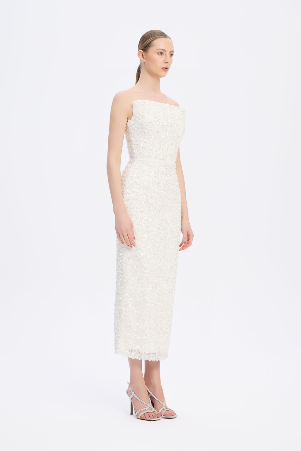 Payet İşlemeli Straplez Midi Abiye Elbise - 9191C