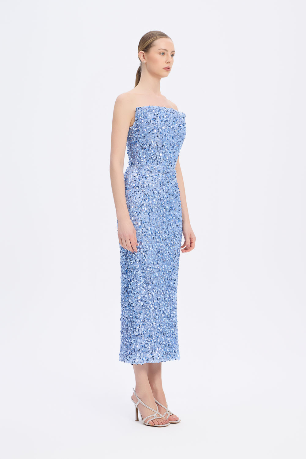 Payet İşlemeli Straplez Midi Abiye Elbise - 9191C