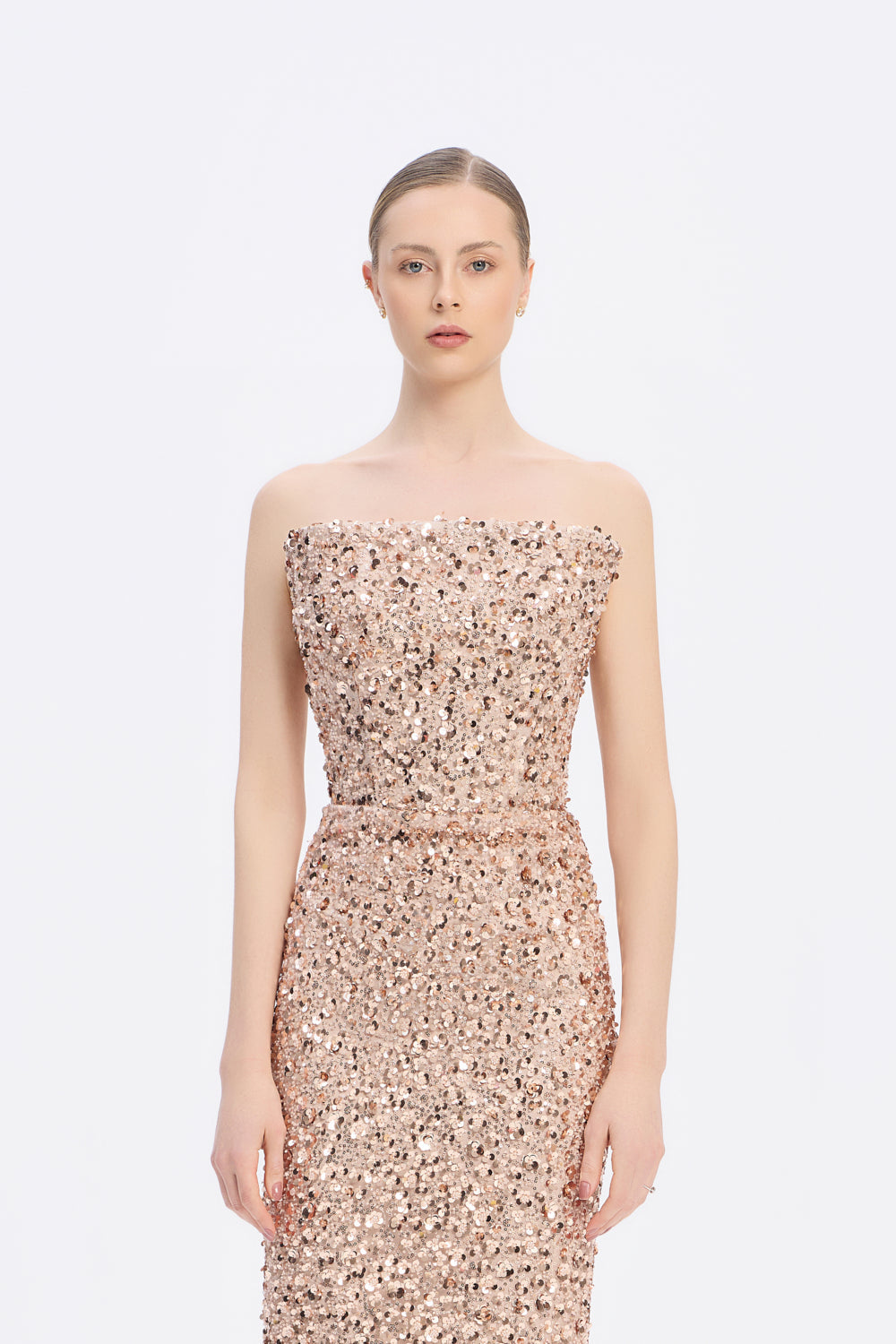 Payet İşlemeli Straplez Midi Abiye Elbise - 9191C