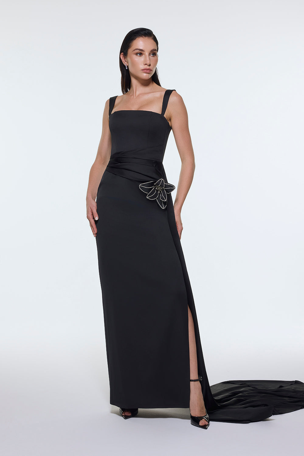 Satin Long Evening Dress with Waist Detailed Straps - 9278C