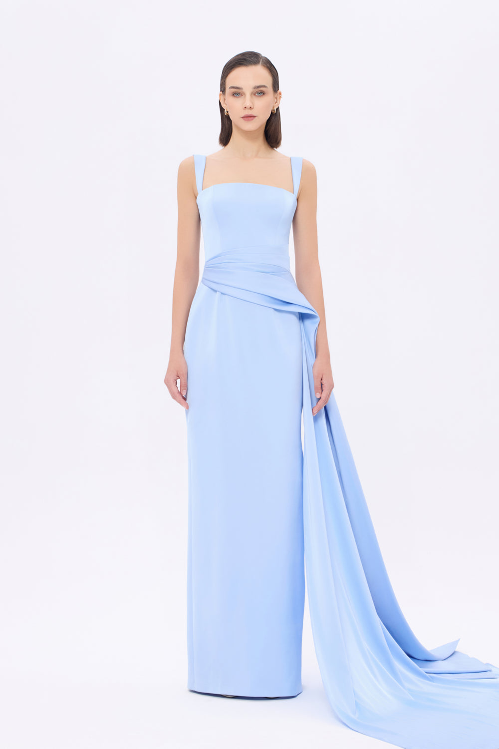 Satin Long Evening Dress with Waist Detailed Straps - 9278C