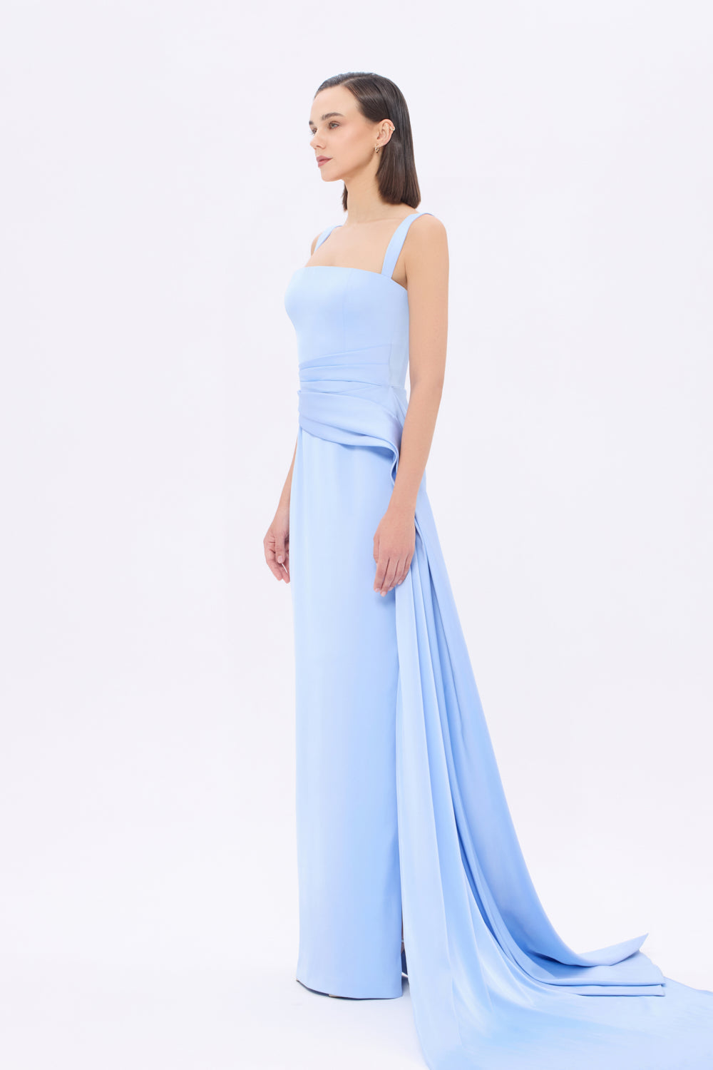 Satin Long Evening Dress with Waist Detailed Straps - 9278C