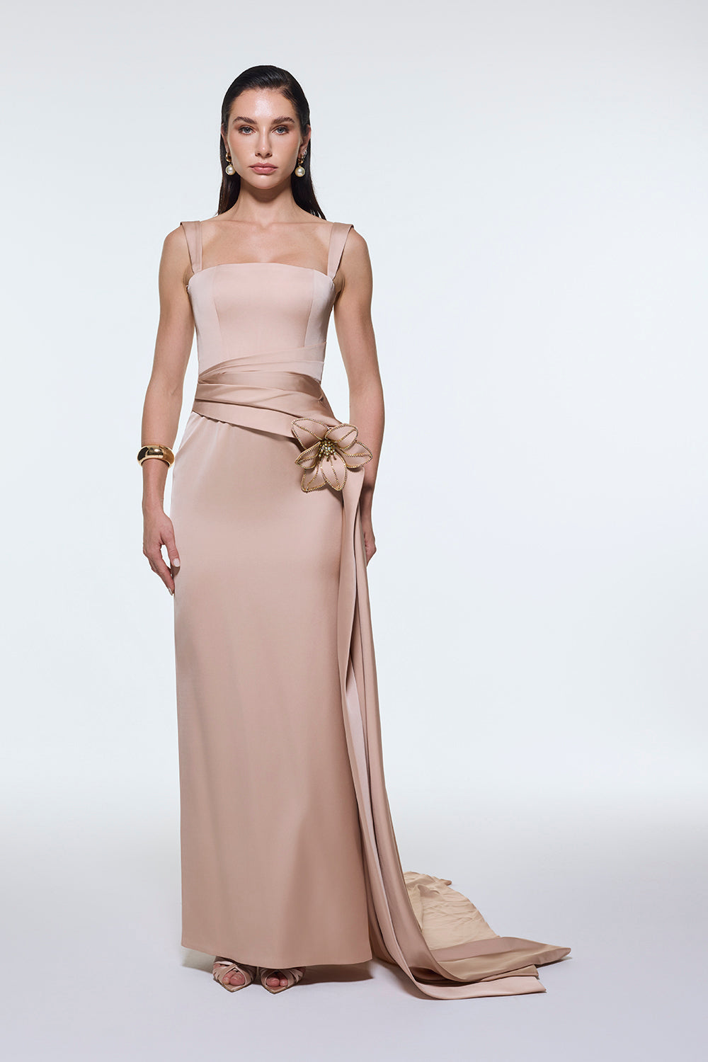 Satin Long Evening Dress with Waist Detailed Straps - 9278C