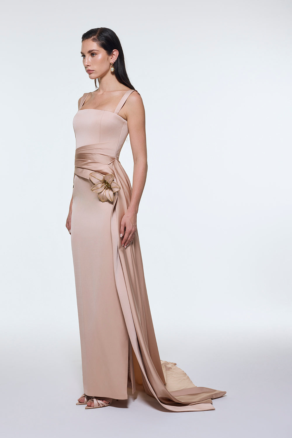 Satin Long Evening Dress with Waist Detailed Straps - 9278C