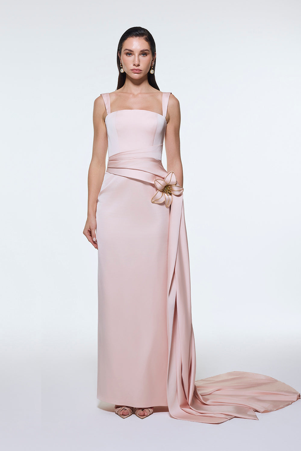 Satin Long Evening Dress with Waist Detailed Straps - 9278C