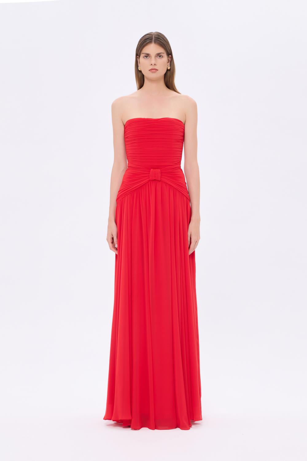 Strapless Collar Waist Draped Chiffon Long Evening Dress - 9288C