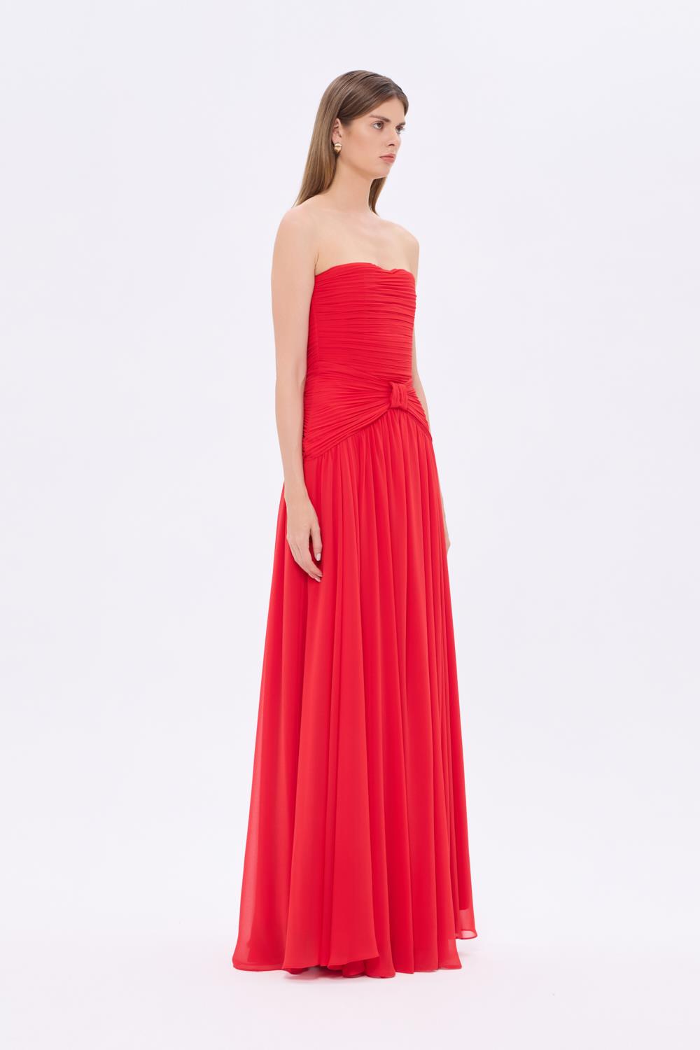 Strapless Collar Waist Draped Chiffon Long Evening Dress - 9288C